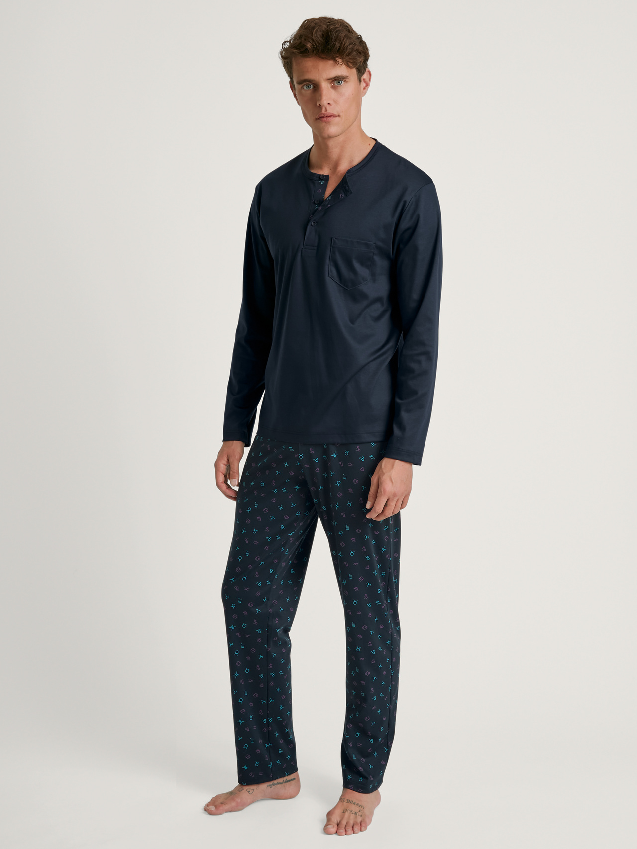 CALIDA Relax Selected 6 Pyjama, langfür Herren, S, Blau, Feinster Tragekomfort