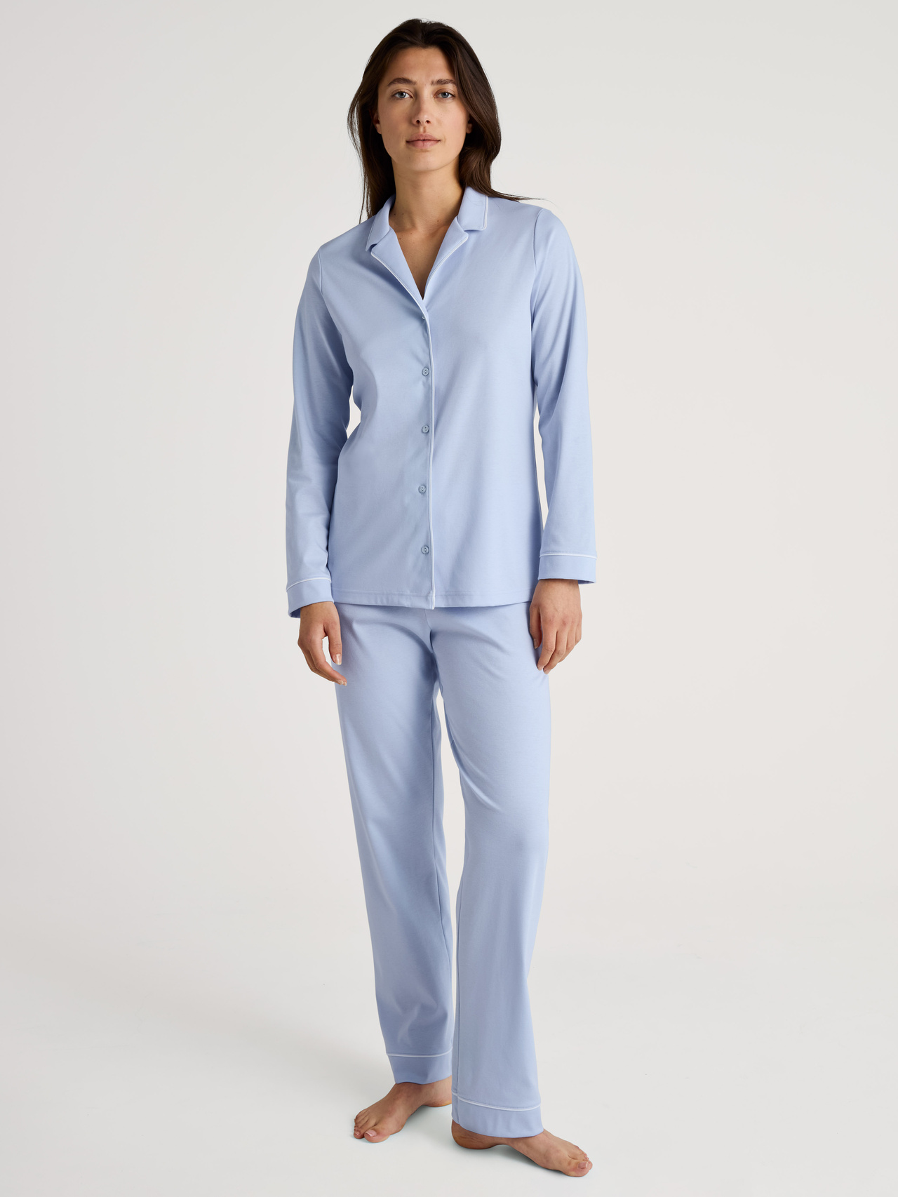 CALIDA Night Lovers Pyjama mit Knöpfenfür Damen, L, Blau, Aus Liebe zum Schlaf – Beste Baumwolle, zeitlos klassisch