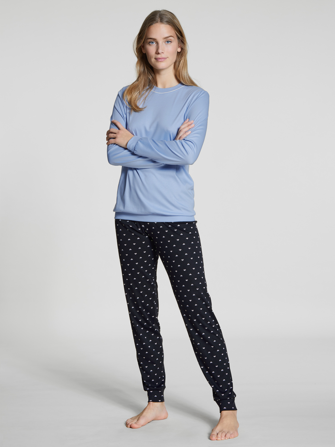 CALIDA Night Lovers Bündchen-Pyjamafür Damen, XXS, Blau, Aus Liebe zum Schlaf – Beste Baumwolle, zeitlos klassisch