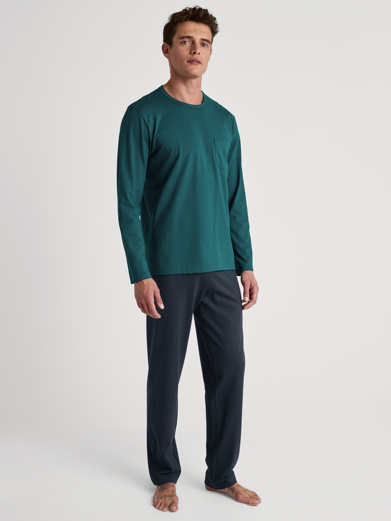 CALIDA Relax Essentials Pyjama, langfür Herren, XL, Türkis,Blau, Basic aus reiner Baumwolle