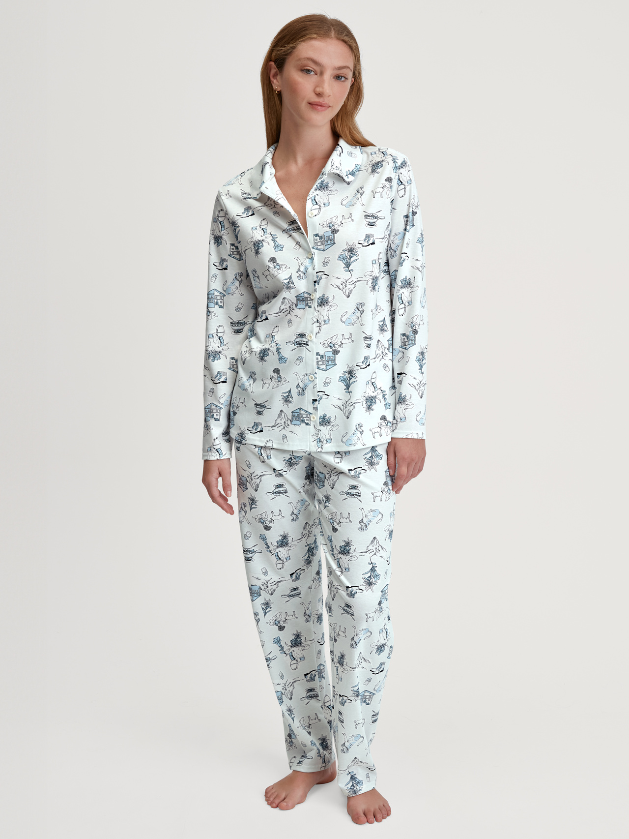 CALIDA Swiss Resort Pyjama mit Knöpfenfür Damen, S, Blau, Träumen wie in den Alpen in 100% natürlicher Baumwoll-Qualität