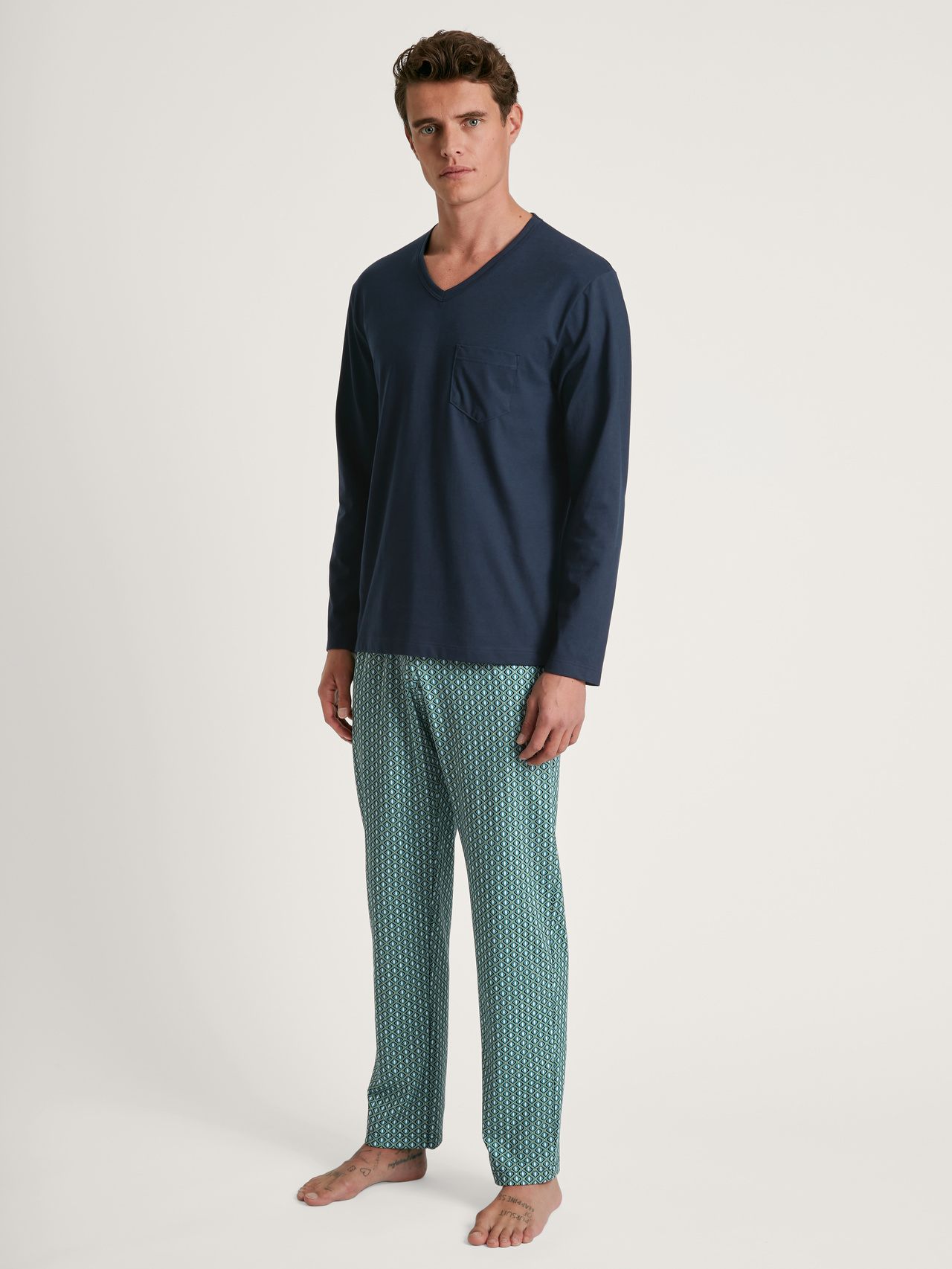 CALIDA Relax Imprint 3 Pyjama, langfür Herren, S, Blau, Reine Baumwolle für entspannte Nächte