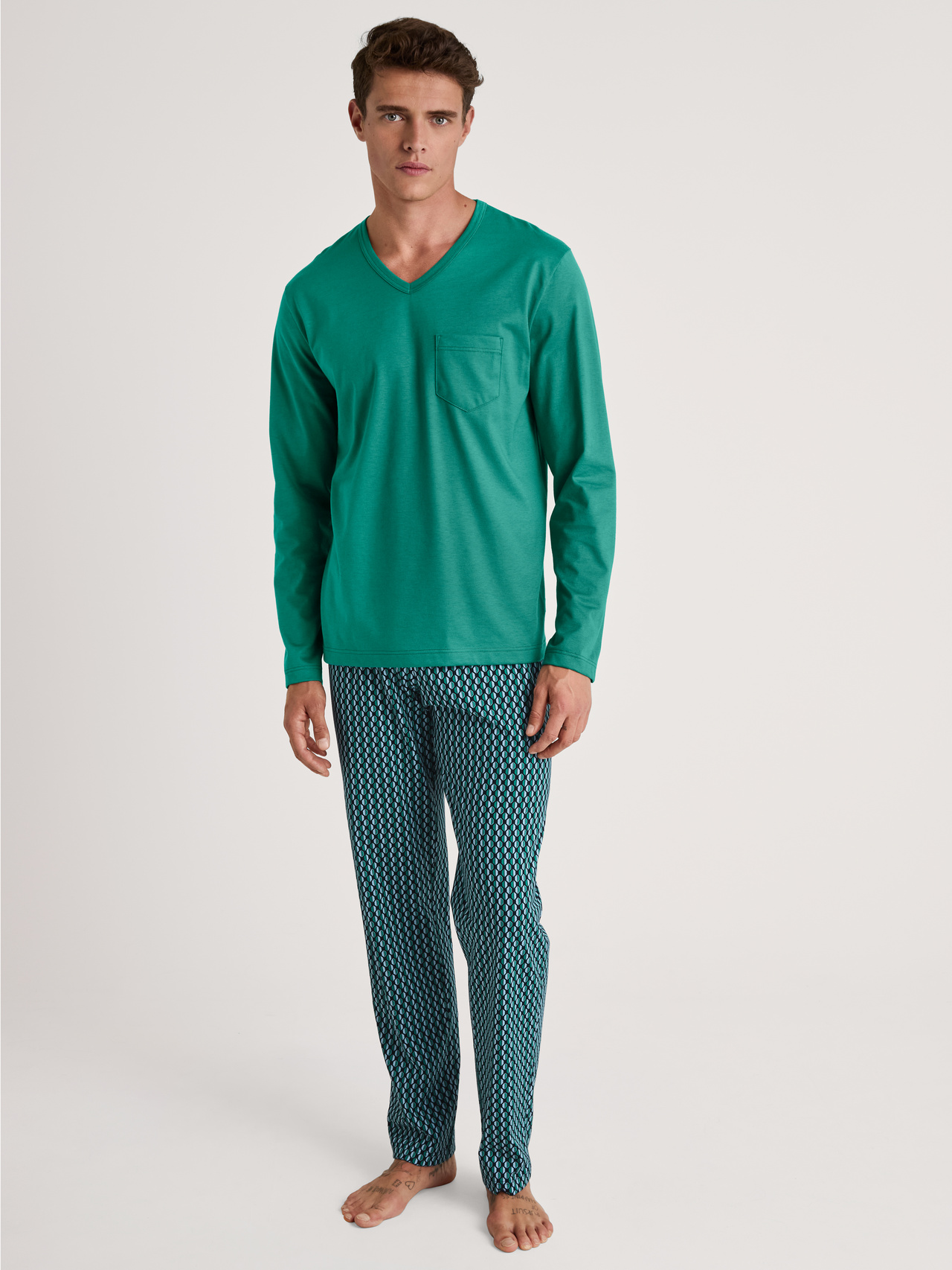 CALIDA Relax Imprint 2 Pyjama, langfür Herren, L, Grün,Blau, Maskulin-sportlicher Komfort
