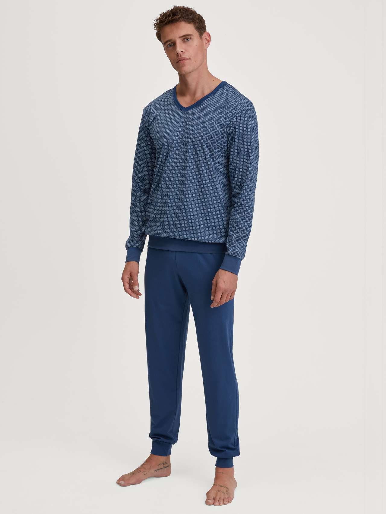 CALIDA Cotton Special Bündchen-Pyjamafür Herren, XL, Blau, Cotton Special