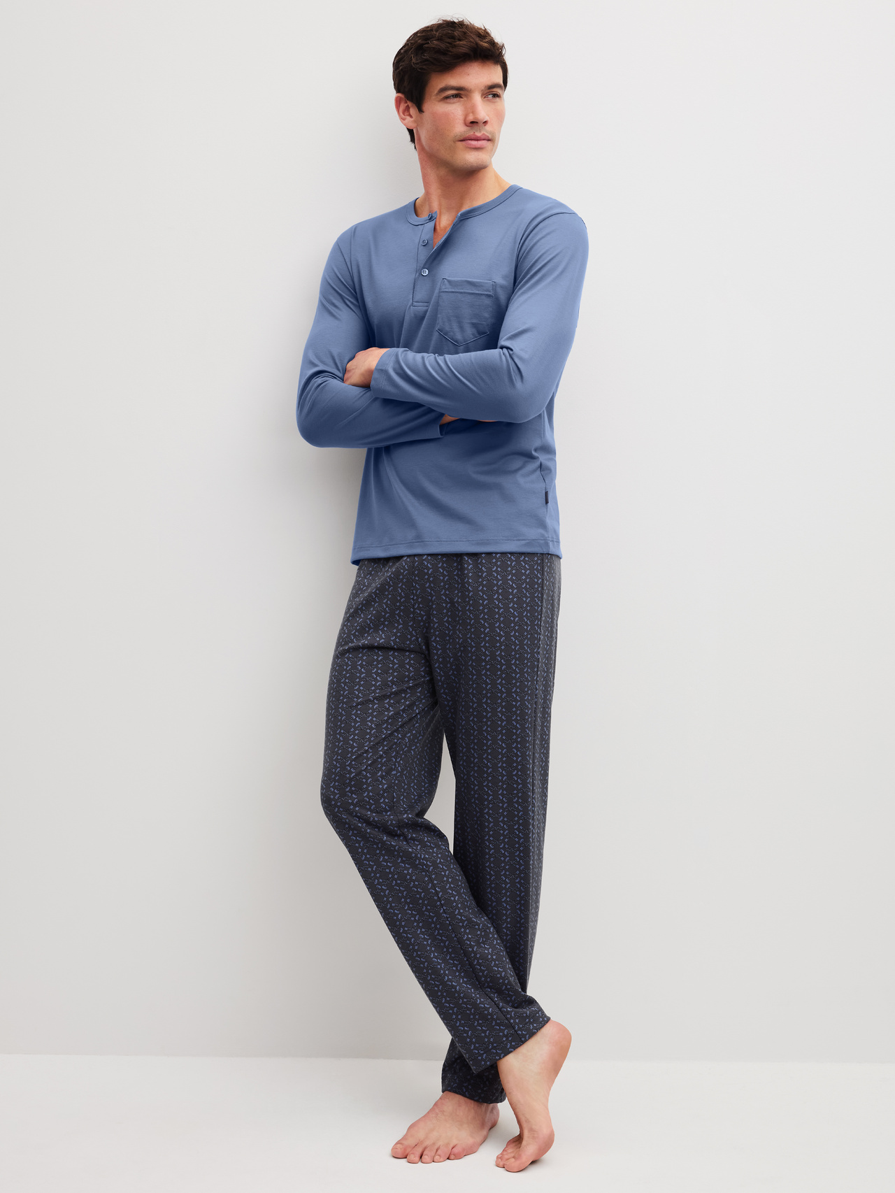 CALIDA Relax Imprint 1 Pyjama, langfür Herren, L, Blau,Grau, Maskulin-sportlicher Komfort