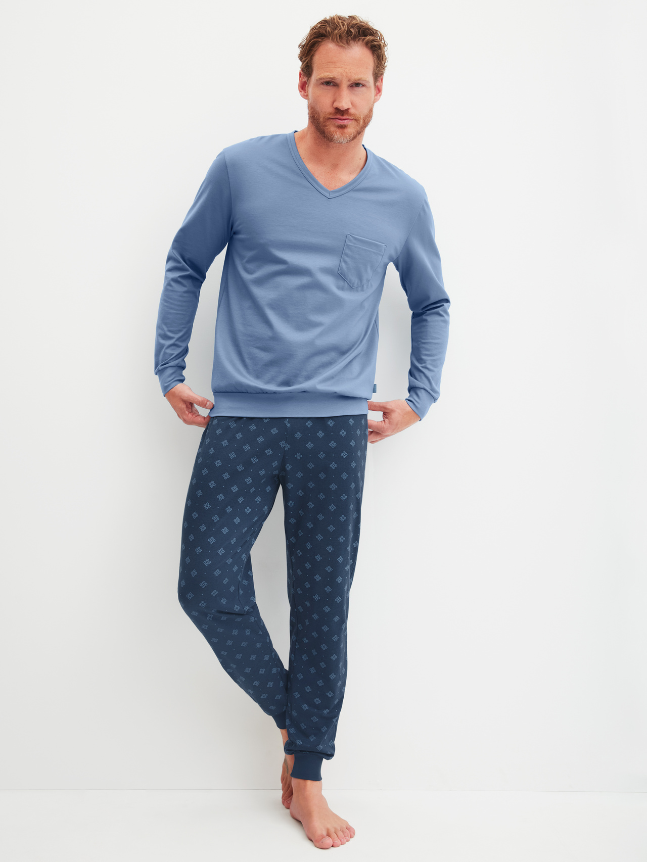 CALIDA Relax Imprint 2 Bündchen-Pyjamafür Herren, S, Blau, Maskulin-sportlicher Komfort