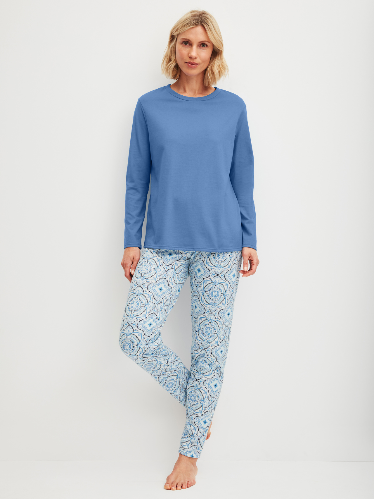 CALIDA Cotton Special Pyjama, langfür Damen, S, Blau, Himmlischer Schlafkomfort