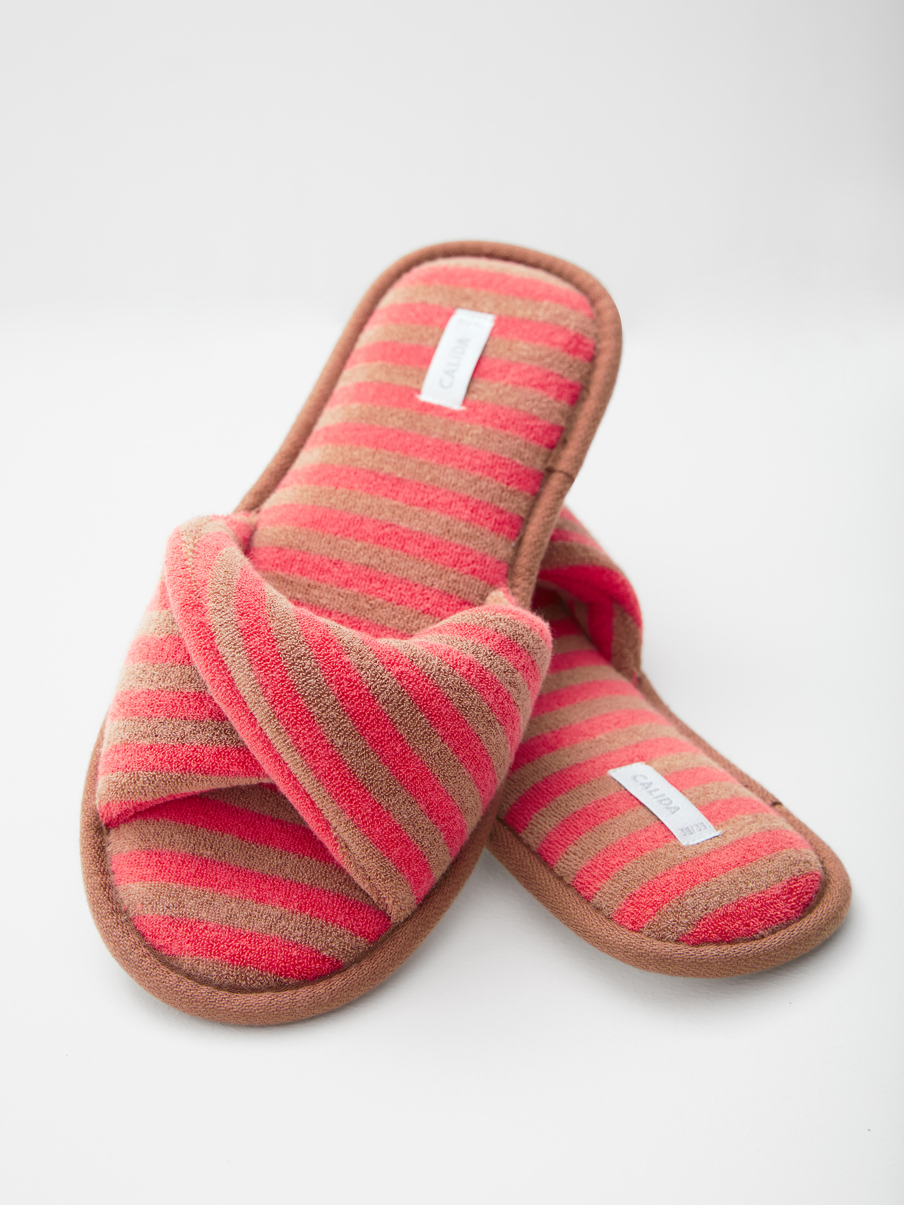 CALIDA Lounge Stripe Slippersfür Damen, S, Braun,Rosa, Entspannte Frottée-Loungewear mit zeitlosem Streifenlook