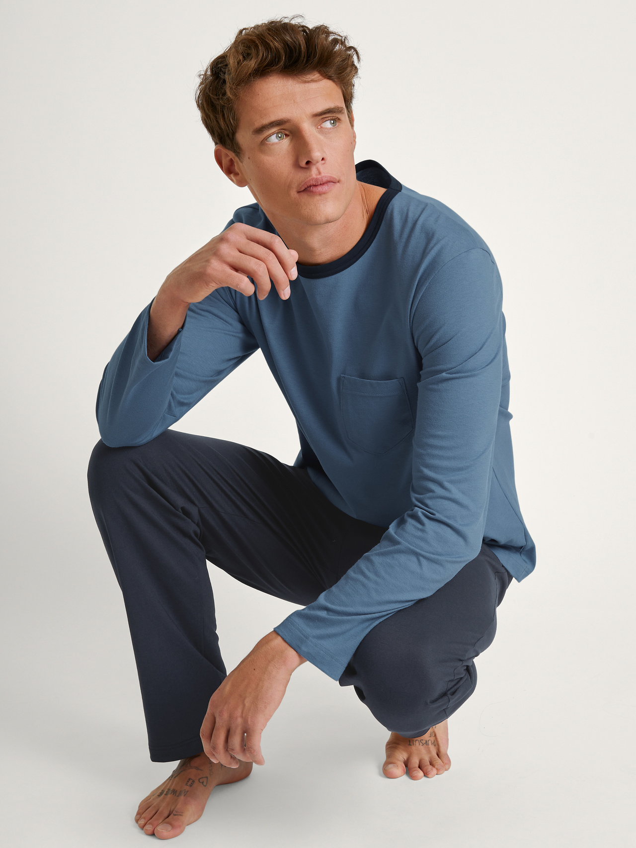 CALIDA Relax Essentials Pyjama, lang für Herren, L, Blau, Basic aus reiner Bio-Baumwolle