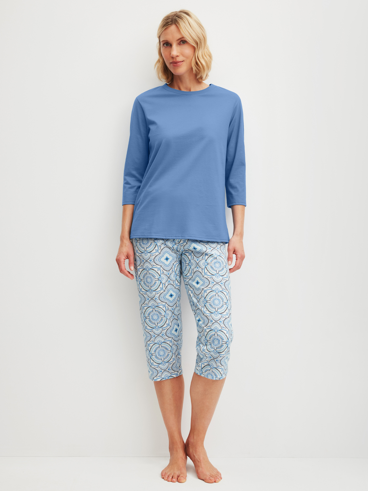 CALIDA Cotton Special Capri-Pyjama für Damen, XS, Blau, Himmlischer Schlafkomfort